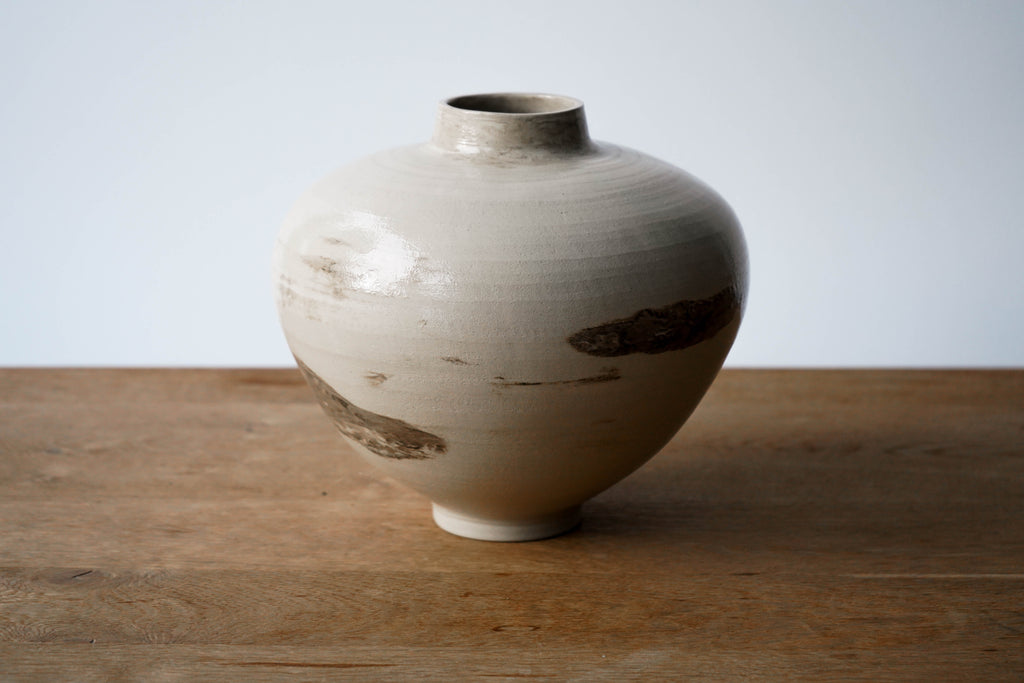 Wheel Thrown Stoneware Vase – Beige with Brown Incrustation